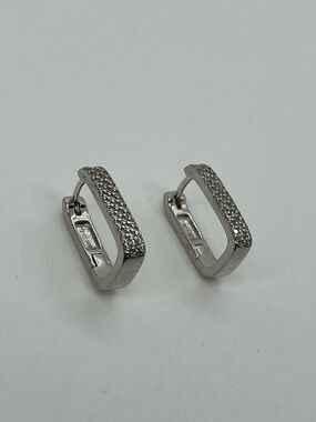 925 Sterling Silver CZ Rectangle Huggie Hoop Earrings 15mm